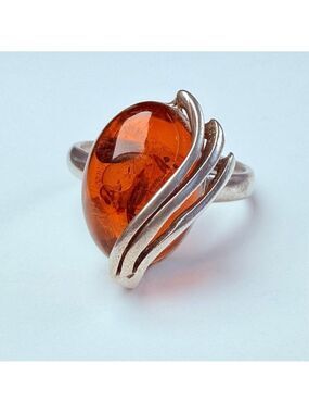 Estate Art Deco 2.8 CT Baltic Cognac Amber Streamline Sterling Silver 925 Ring
